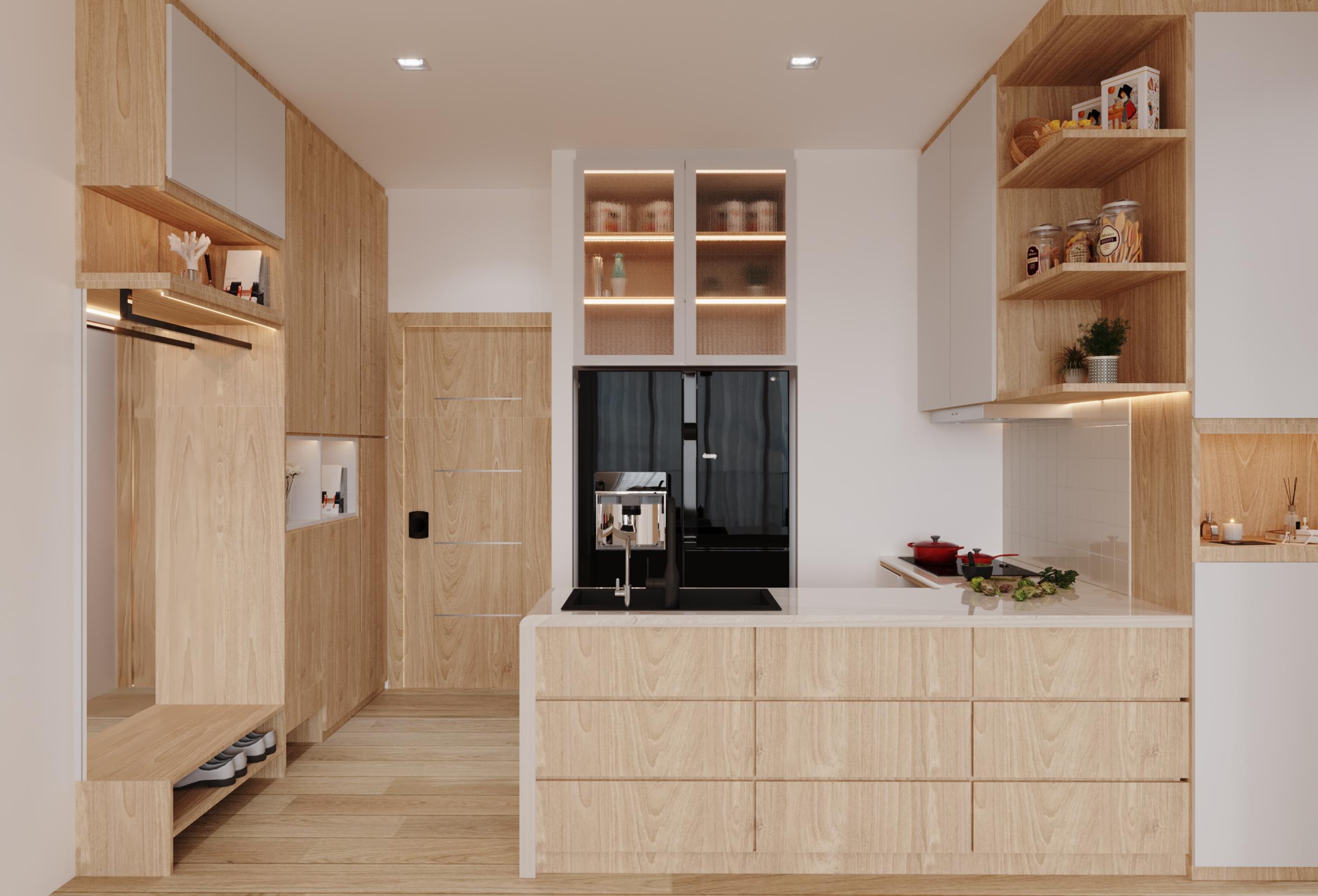 Budget-friendly modular kitchen design with open shelving and light wood cabinets