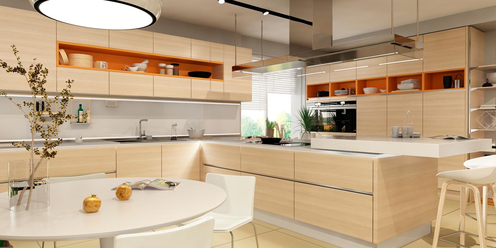 Indo-contemporary kitchen interior design combining traditional Indian elements with modern cabinetry