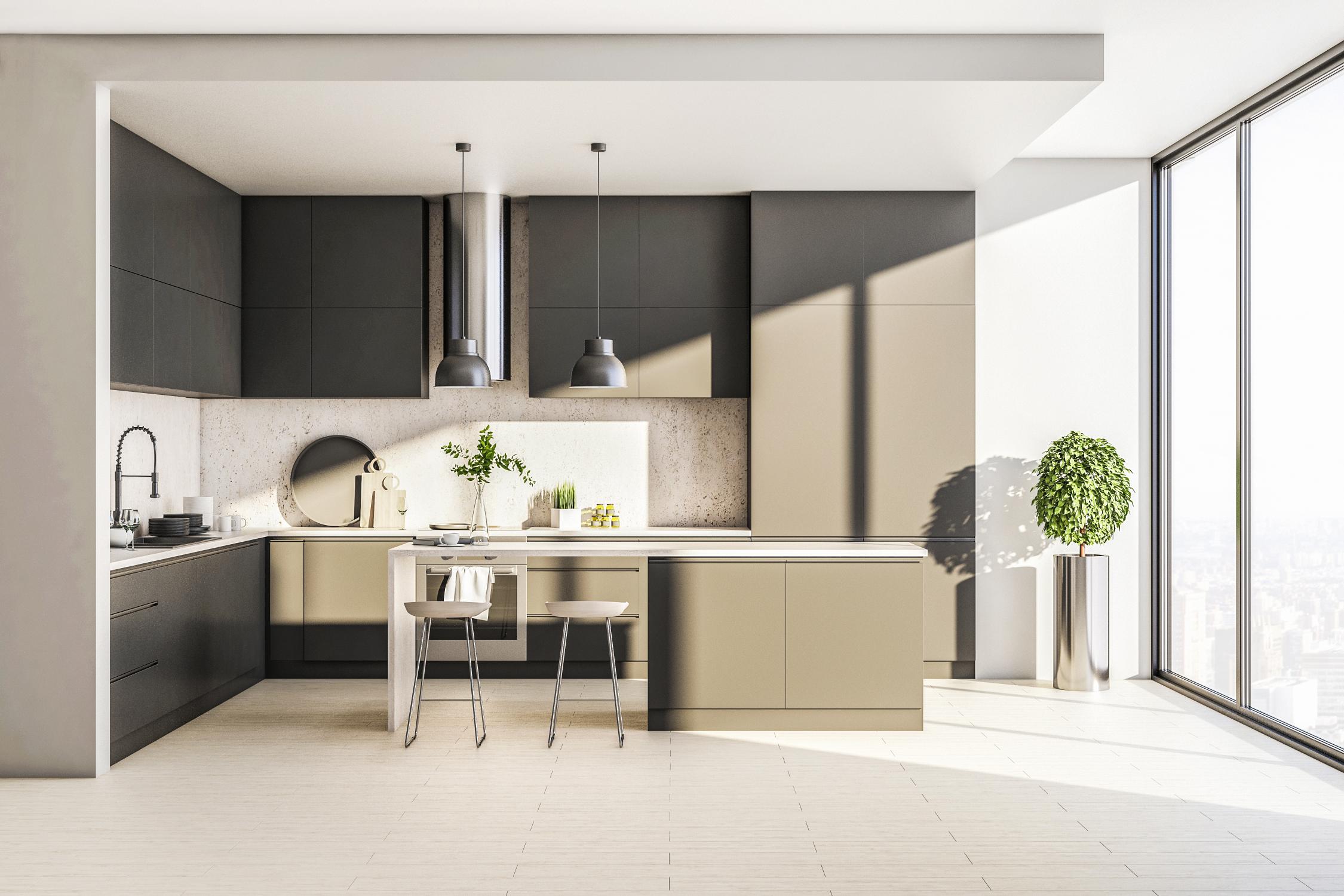 Indo-contemporary kitchen interior design with modern dining area and city view