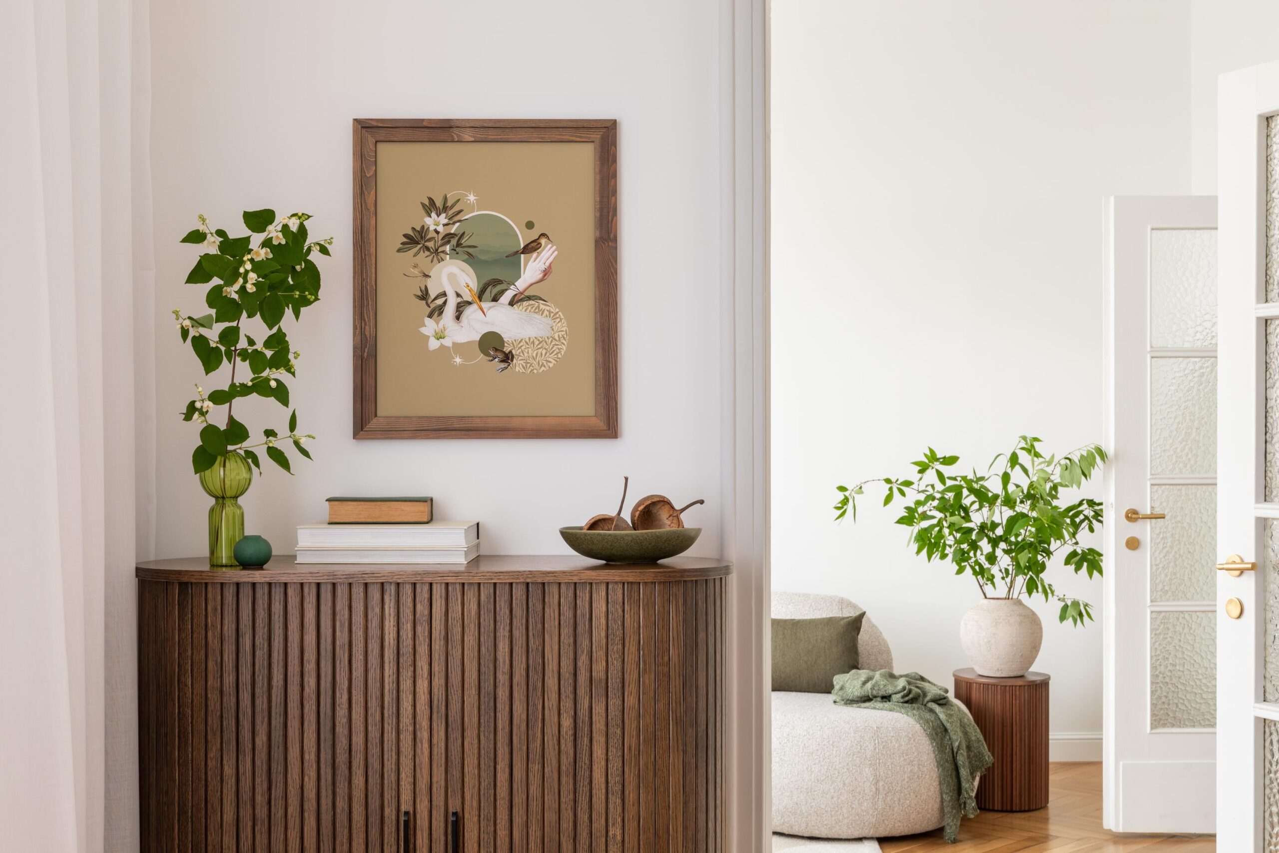 Console table decor idea with hydrangea flowers, table lamp, and decorative accessories