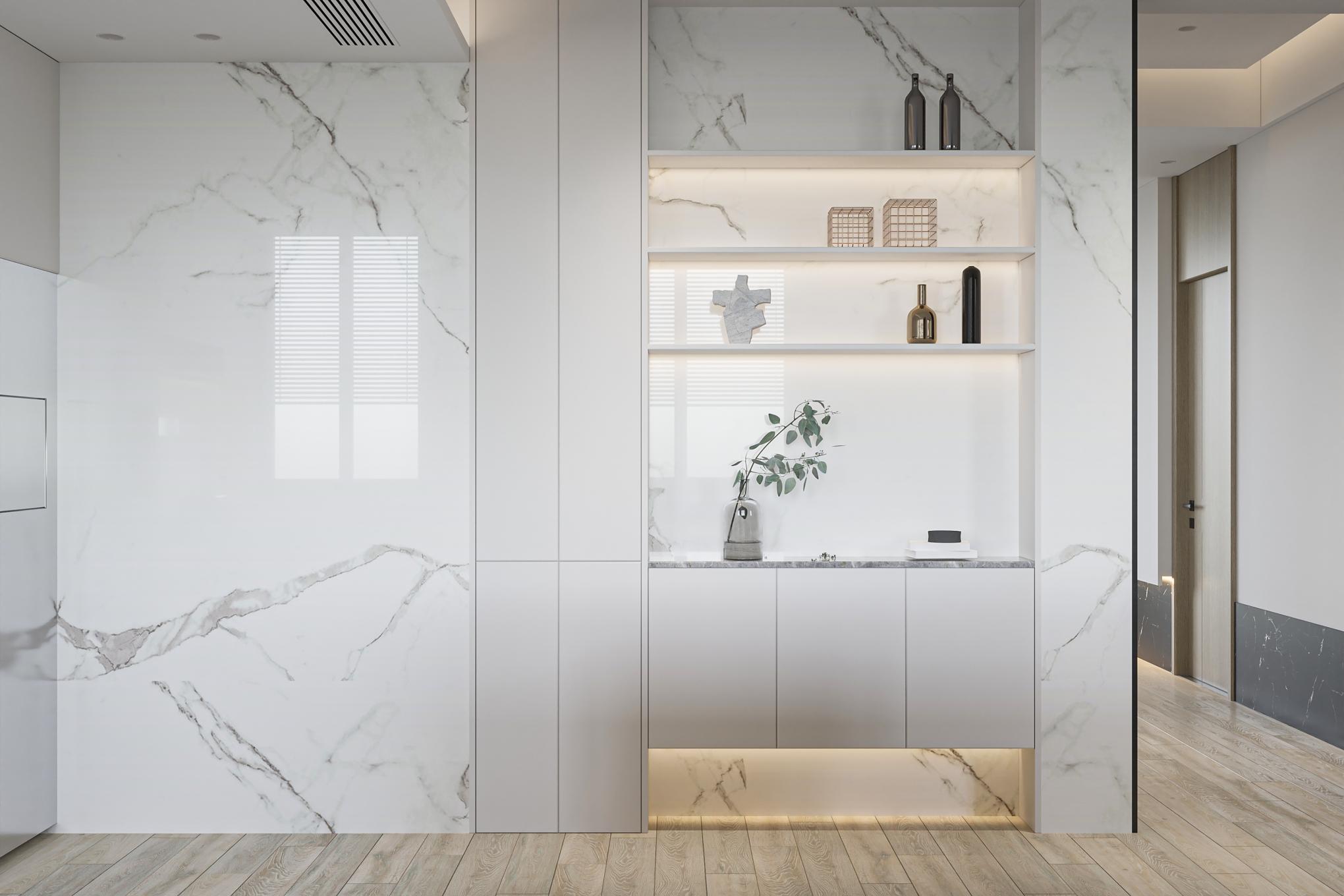 Modern entryway decor with wooden console cabinet, indoor plants, and minimalist styling ideas