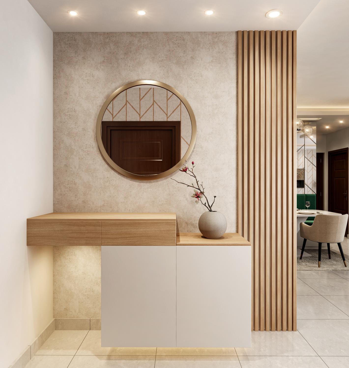 Modern foyer design with light wood and white interiors